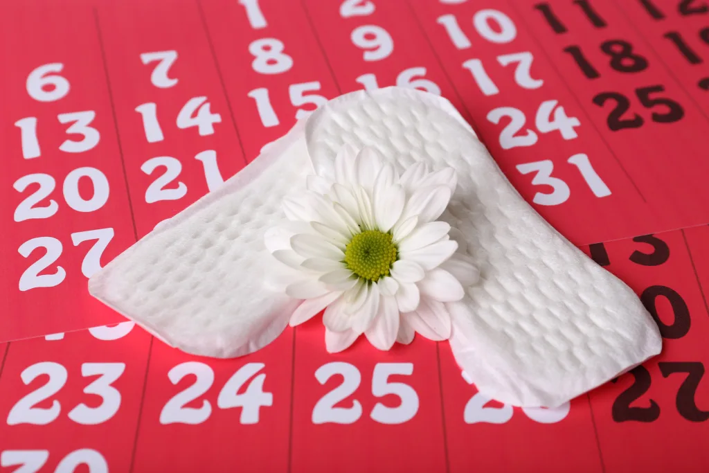 Sanitary pads and white flower on red calendar background Progesterona para qué sirve
